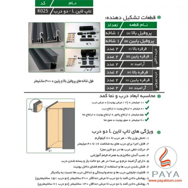 مکانیزم تاپ‌لاین UL2 دو درب روکار با عرض حداکثر 300 فانتونی کد K025