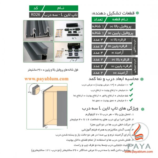مکانیزم تاپ‌لاین UL3 دو درب روکار با عرض حداکثر 360 فانتونی کد K026 - Image 2
